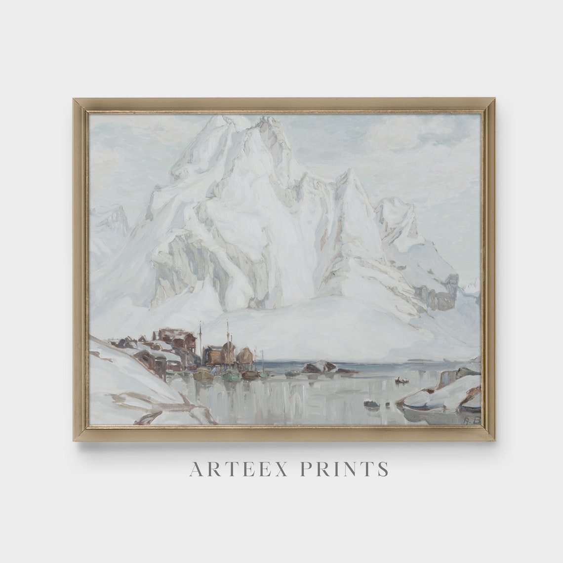 Snowy Mountain Above Village Harbor Winter Landscape Scene Poster - Image 5