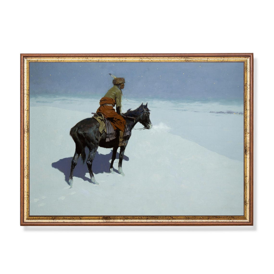 Moonlit Snow Prairie Scout on Horseback Vintage Western Art Poster