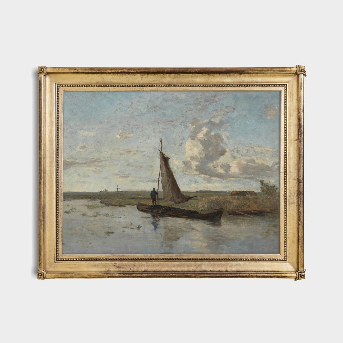 Sailing Boat Drifting on a Calm River with a Distant Windmill Poster - Image 3