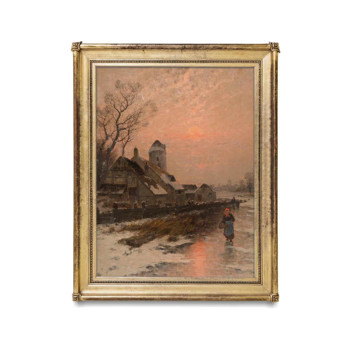 Village Sunset Over Snow With Walking Figure Vintage Winter Poster - Image 2