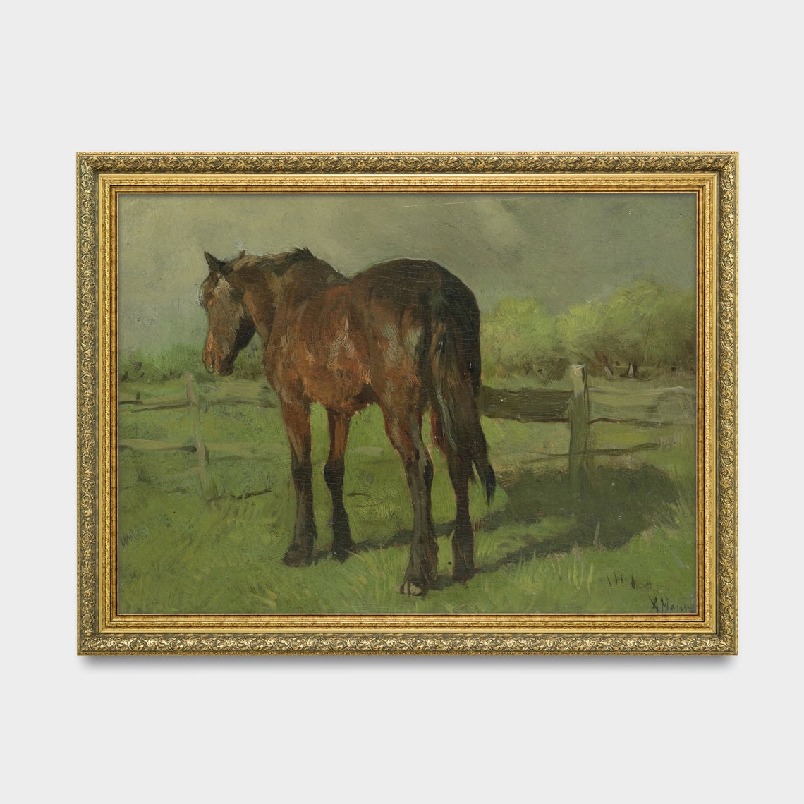 Brown Horse Grazing in a Pasture Vintage Equestrian Art Poster - Image 3