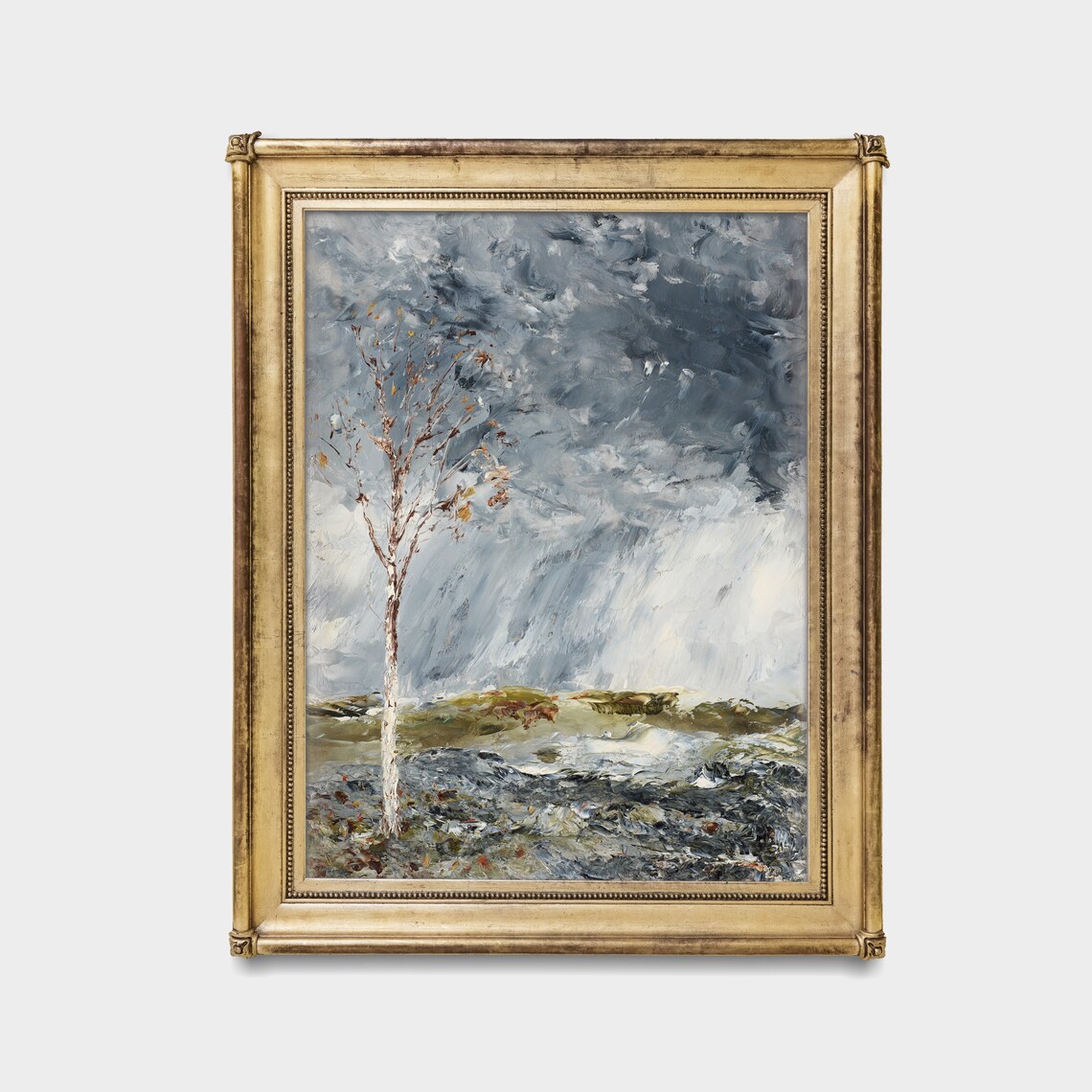 Solitary Tree on Rocky Shore Painting Stormy Sky Moody Wall Art - Image 4