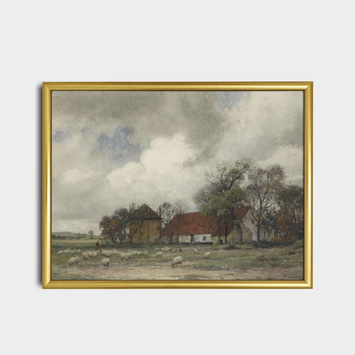 Flock of Sheep with Shepherd near Farmhouses Watercolor Poster - Image 2