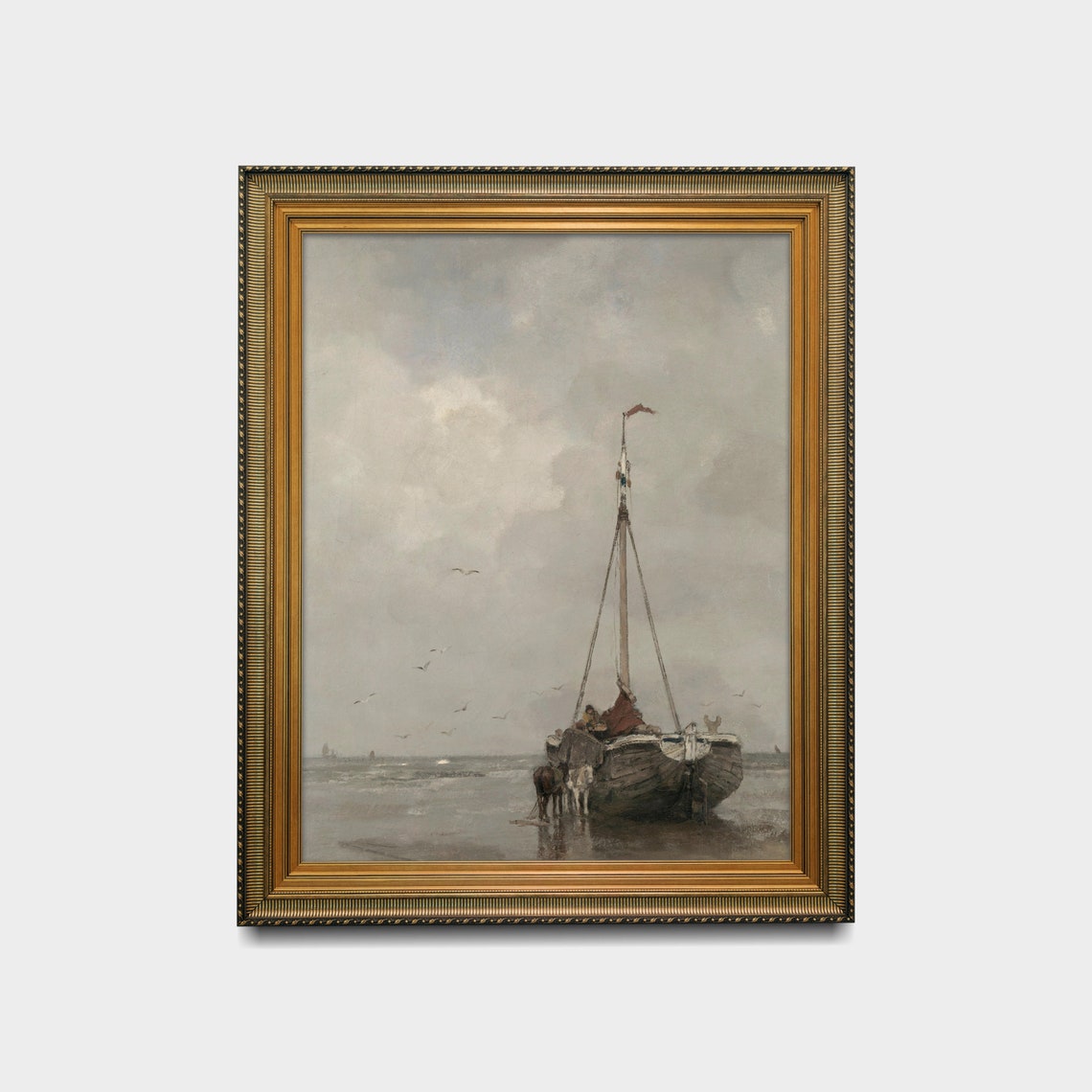 Fishing Boat Beached at Low Tide with Two Horses Vintage Poster - Image 2
