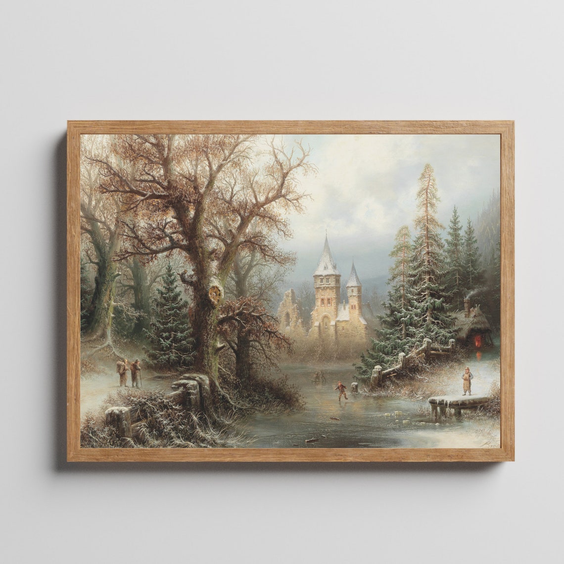 Ice Skaters on Frozen River Below Snowy Castle Winter Poster - Image 4