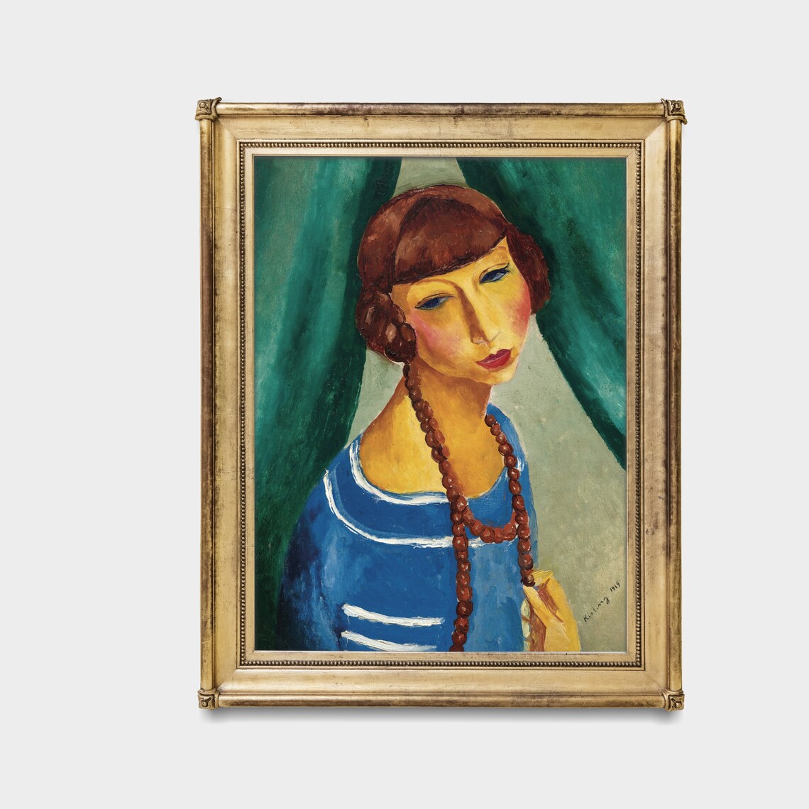 Modernist Portrait of a Woman with a Bead Necklace in a Blue Dress Poster - Image 3