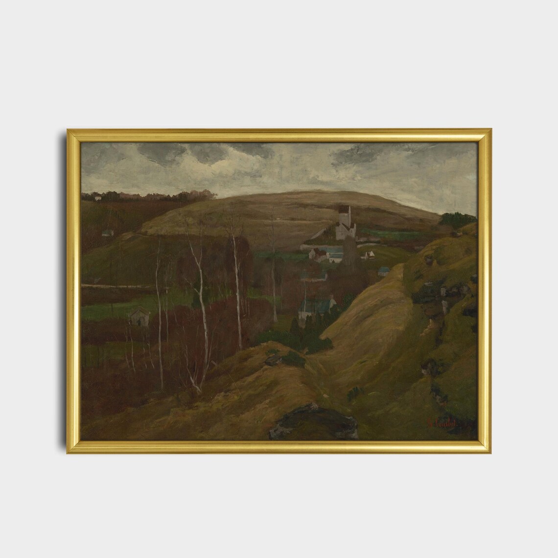 Rolling Hills Village Church Spire Antique Landscape Painting Poster - Image 2