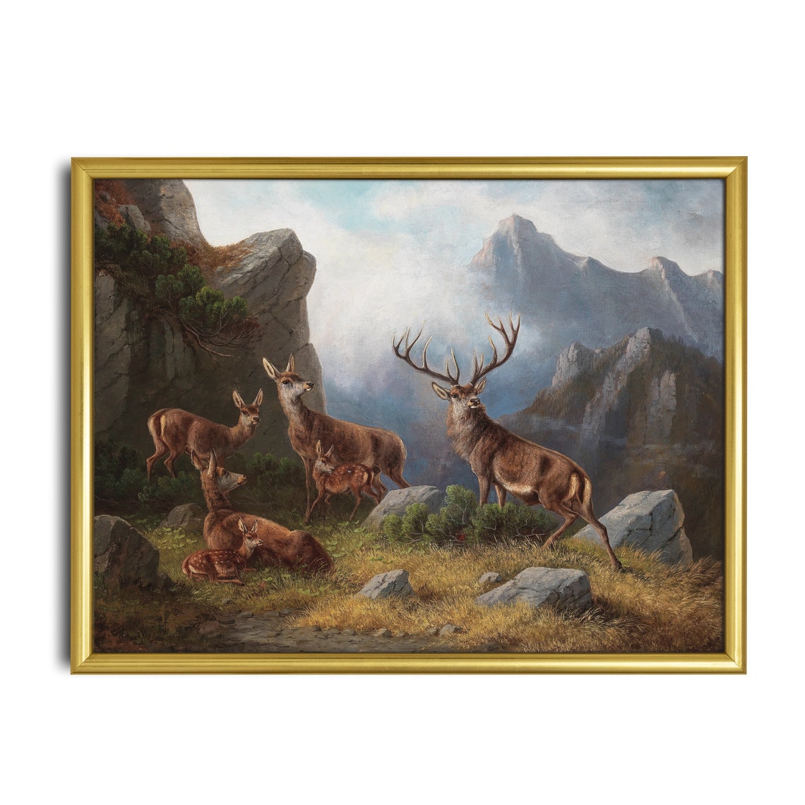 Deer Herd with a Stag in an Alpine Mountain Valley Scene Poster - Image 3