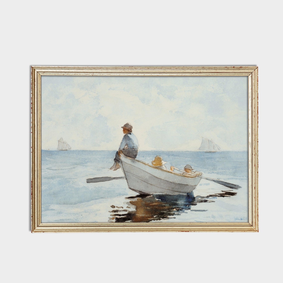 Three Boys in a Rowboat on Calm Blue Water Watercolor Poster - Image 2