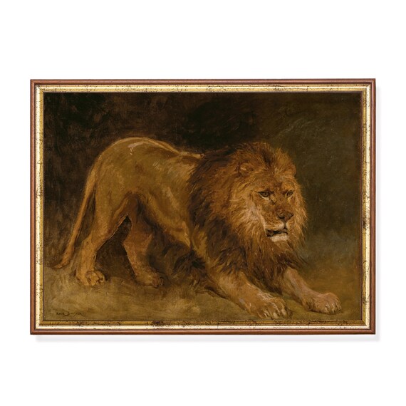 Male Lion Resting in the Dark Vintage Wild Animal Painting Poster