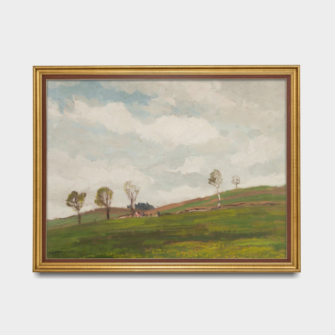 Green Spring Meadow Scattered Trees Big Sky Antique Landscape Print - Image 4