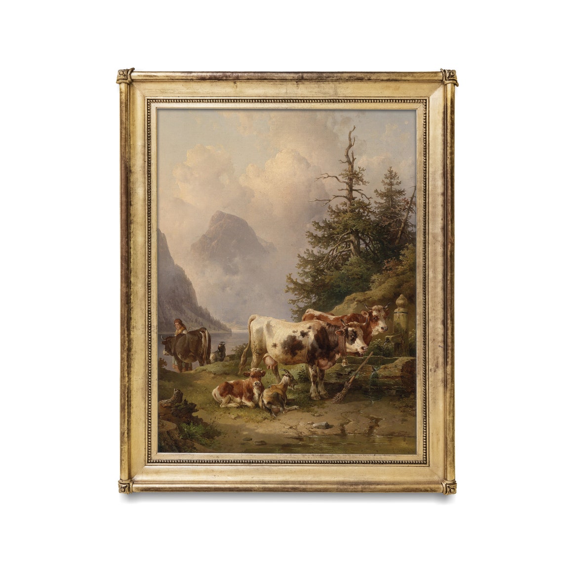 Herd of Cattle with Shepherdess by a Mountain Lakeshore Poster - Image 2