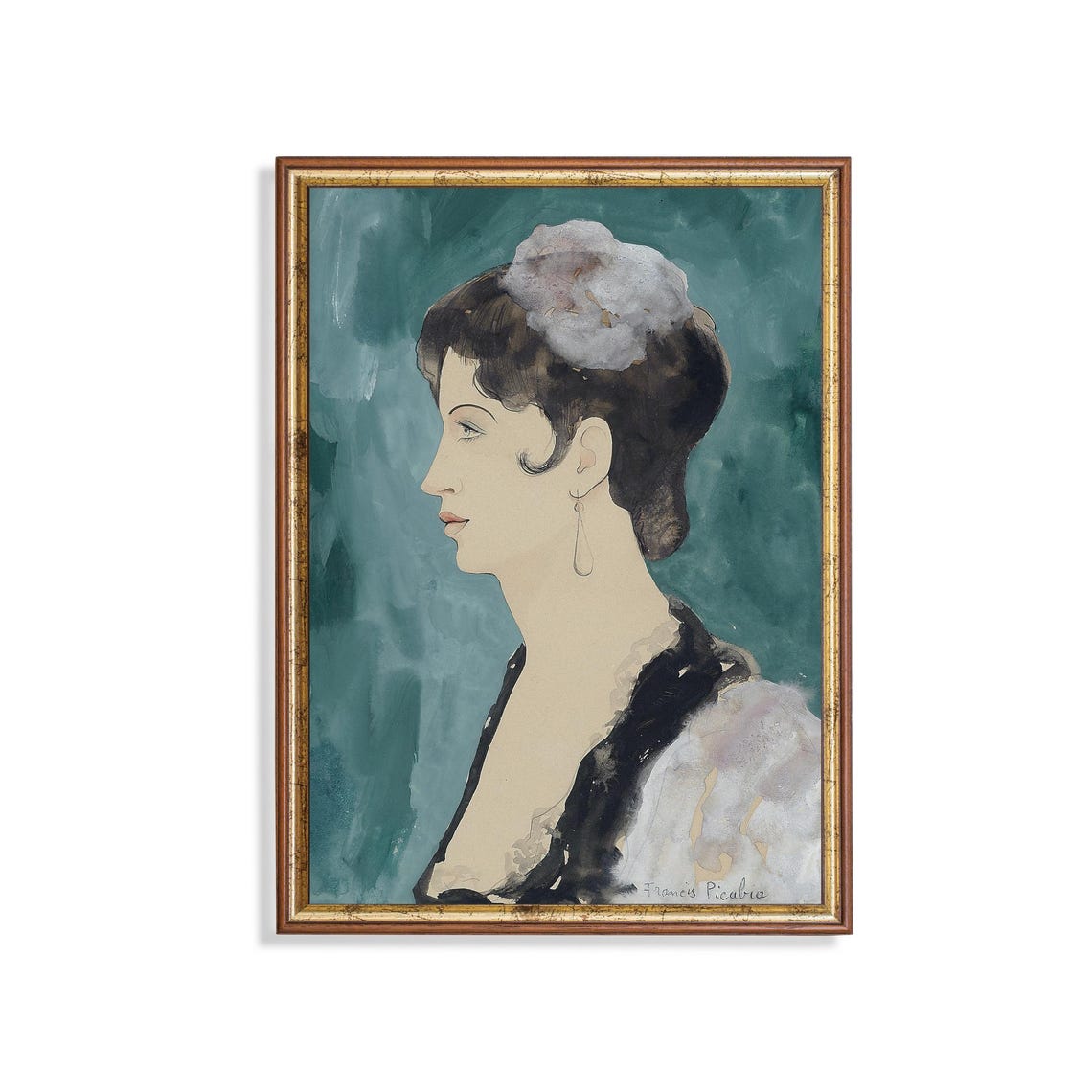 Francis Picabia Style Woman in Profile on Teal Portrait Poster