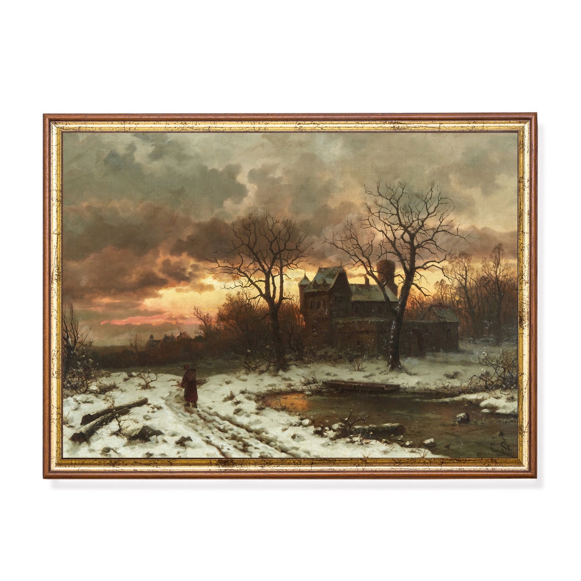 Winter Sunset Over a Snowy Mill Scene Vintage Landscape Poster