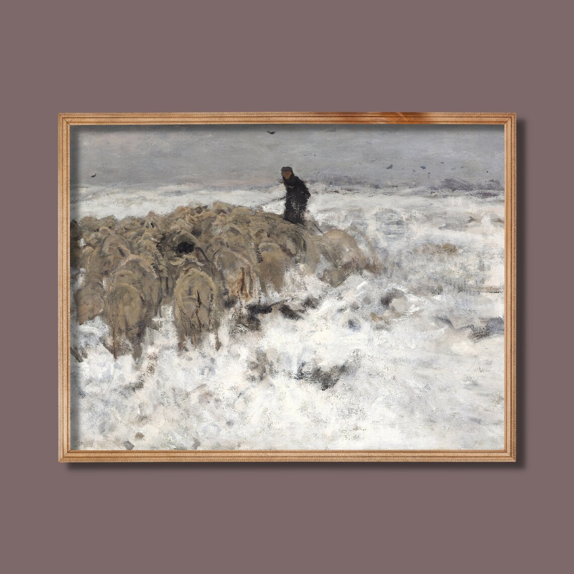 Shepherd Driving Sheep Through a Winter Snowstorm Painting Poster - Image 4