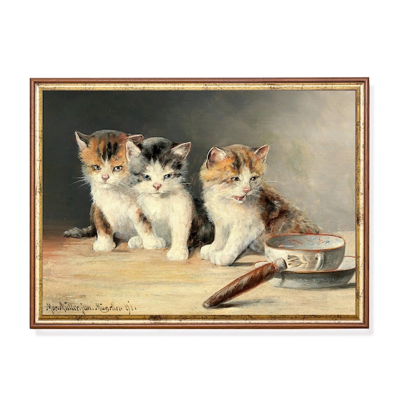 Three Kittens With Teacup And Pipe Vintage Victorian Cat Painting Poster