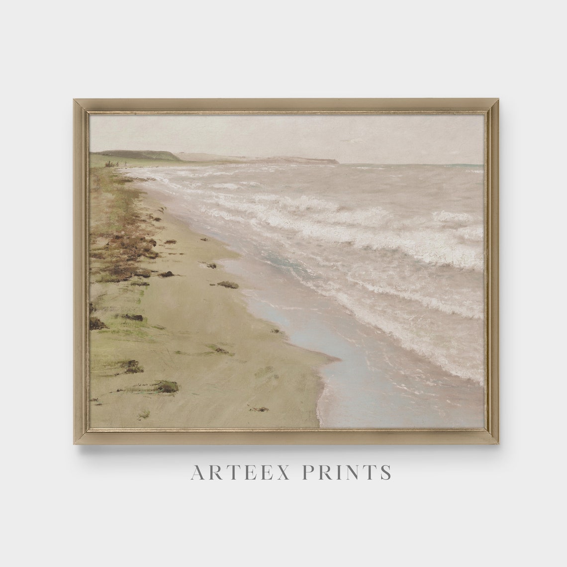 Serene Muted Coastal Shoreline Waves Lone Figure Vintage Beach Poster - Image 3