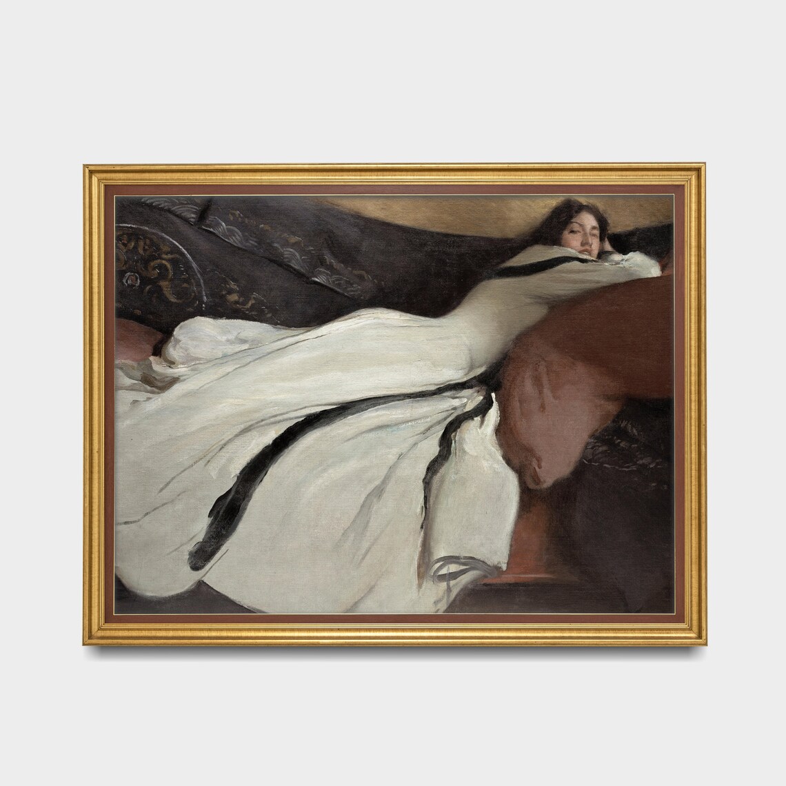 Reclining Woman in White Gown Moody Interior Vintage Portrait Oil Print - Image 3