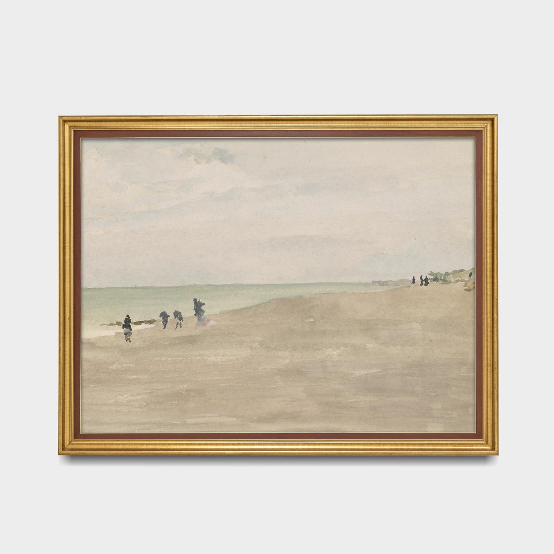 Minimalist Pale Beach Watercolor Painting with Tiny Figures Poster - Image 3