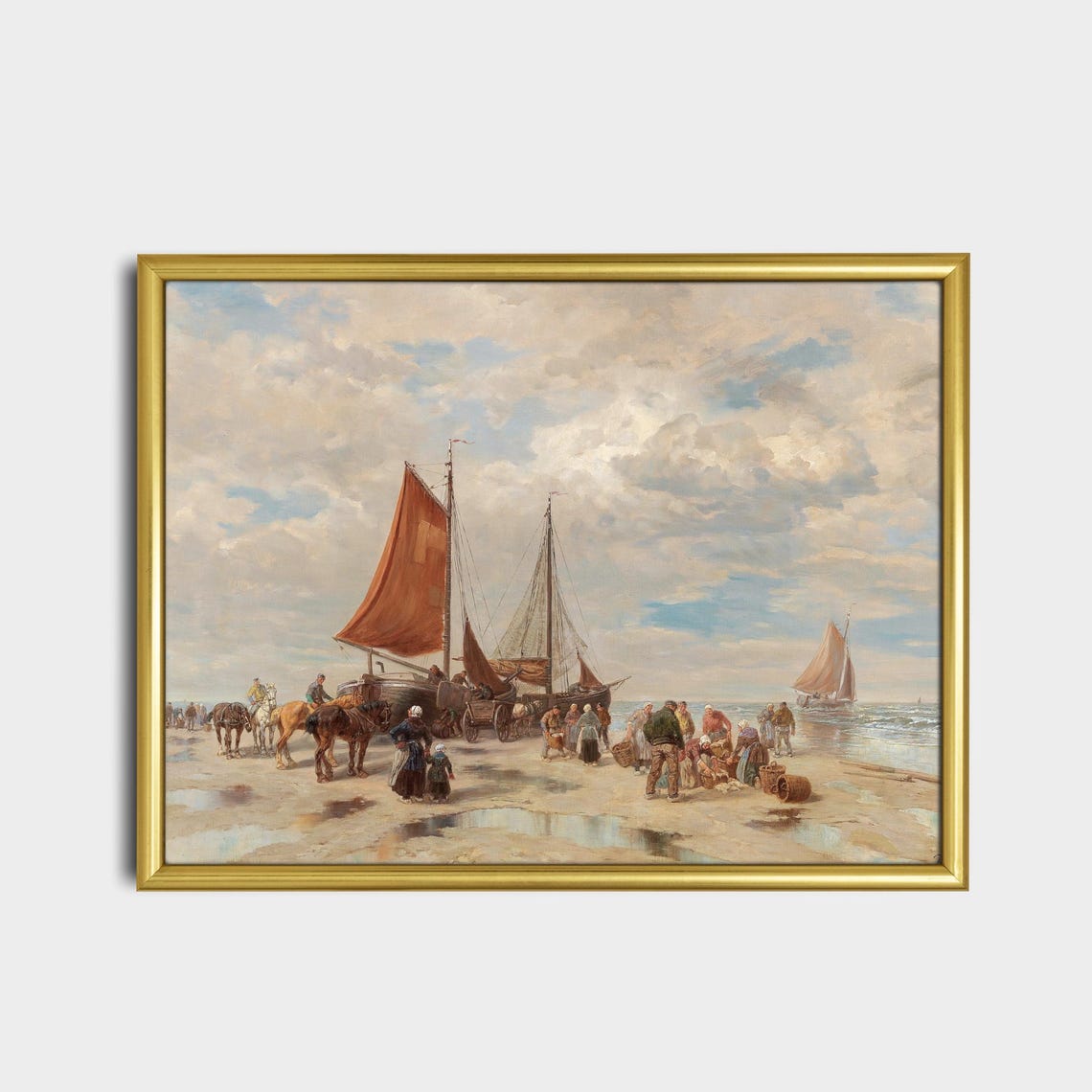 Fishermen Unloading Their Catch On A Beach Vintage Art Poster - Image 2