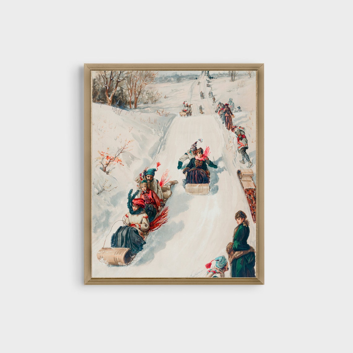 Families Tobogganing Down Snowy Hill Vintage Winter Scene Poster - Image 2