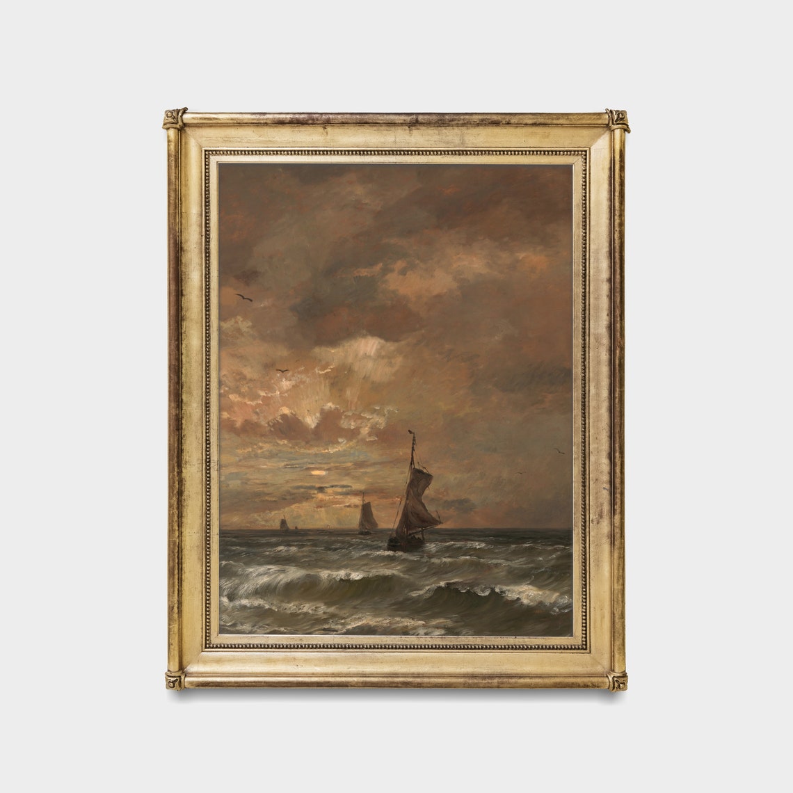 Sailboats on Rolling Waves Under a Fiery Sunset Sky Moody Poster - Image 4