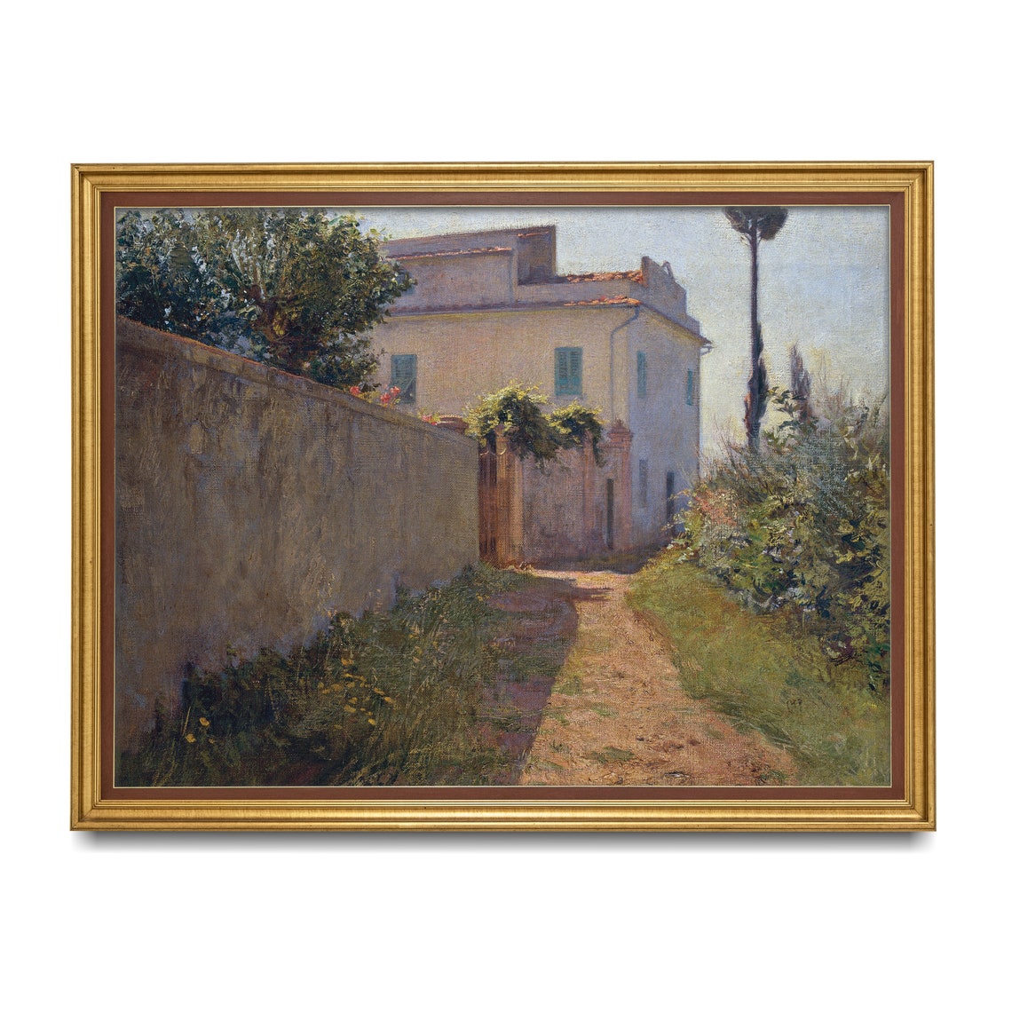 Sunlit Italian Villa Path with Stone Wall and Cypress Trees Poster - Image 4