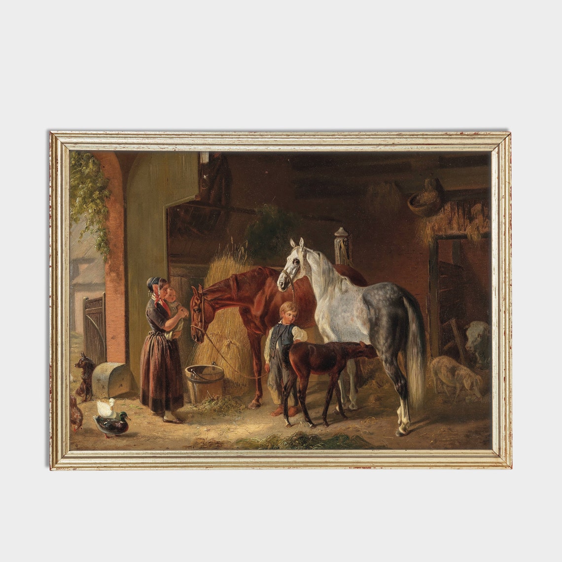Horses in Stable with Foal Vintage Barnyard Scene Painting Poster - Image 2