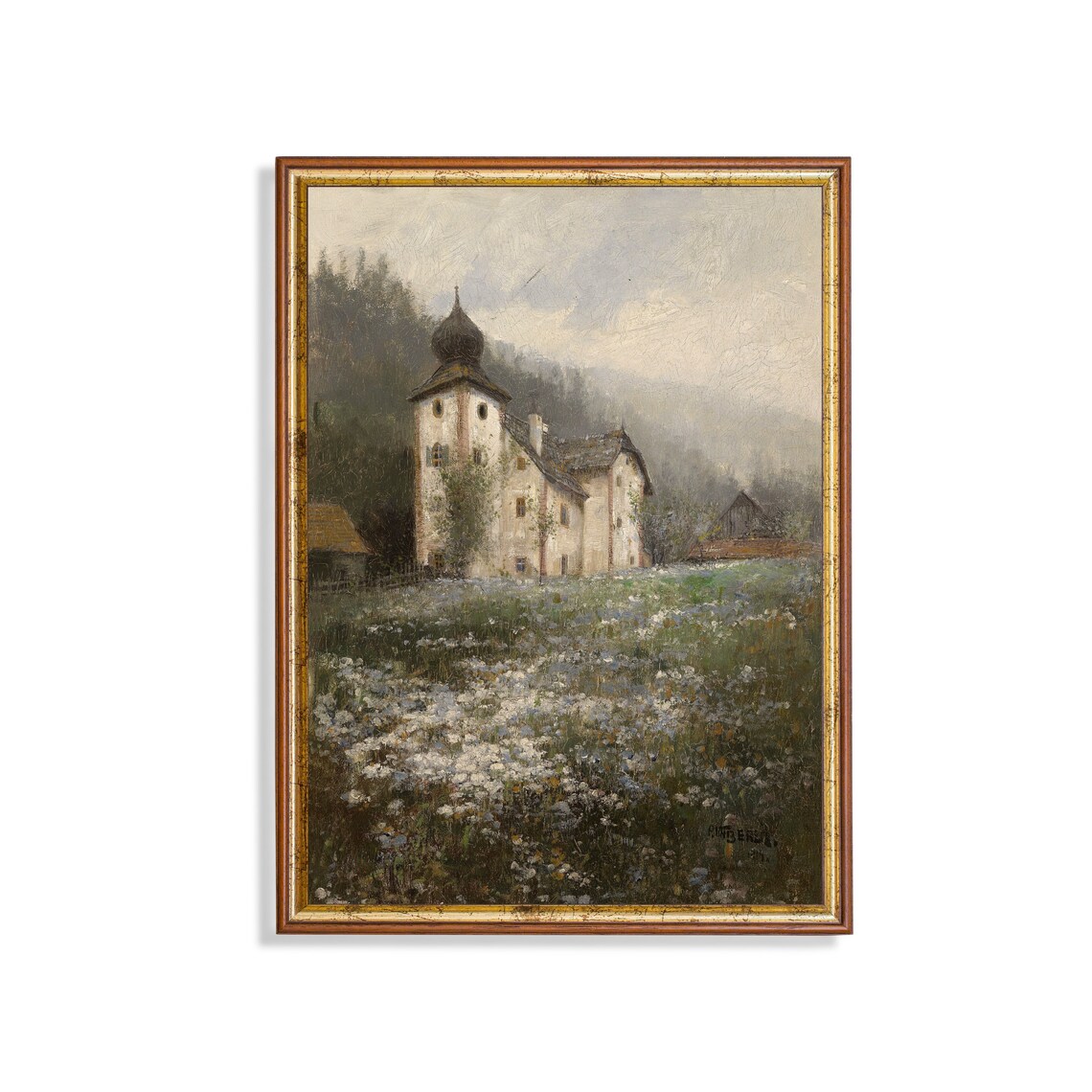 Church On The Hill Vintage Landscape, Farmhouse Art Print