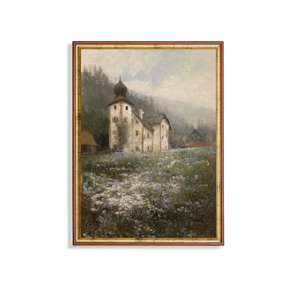 Alpine Church with Onion Dome in a Wildflower Meadow Scene Poster