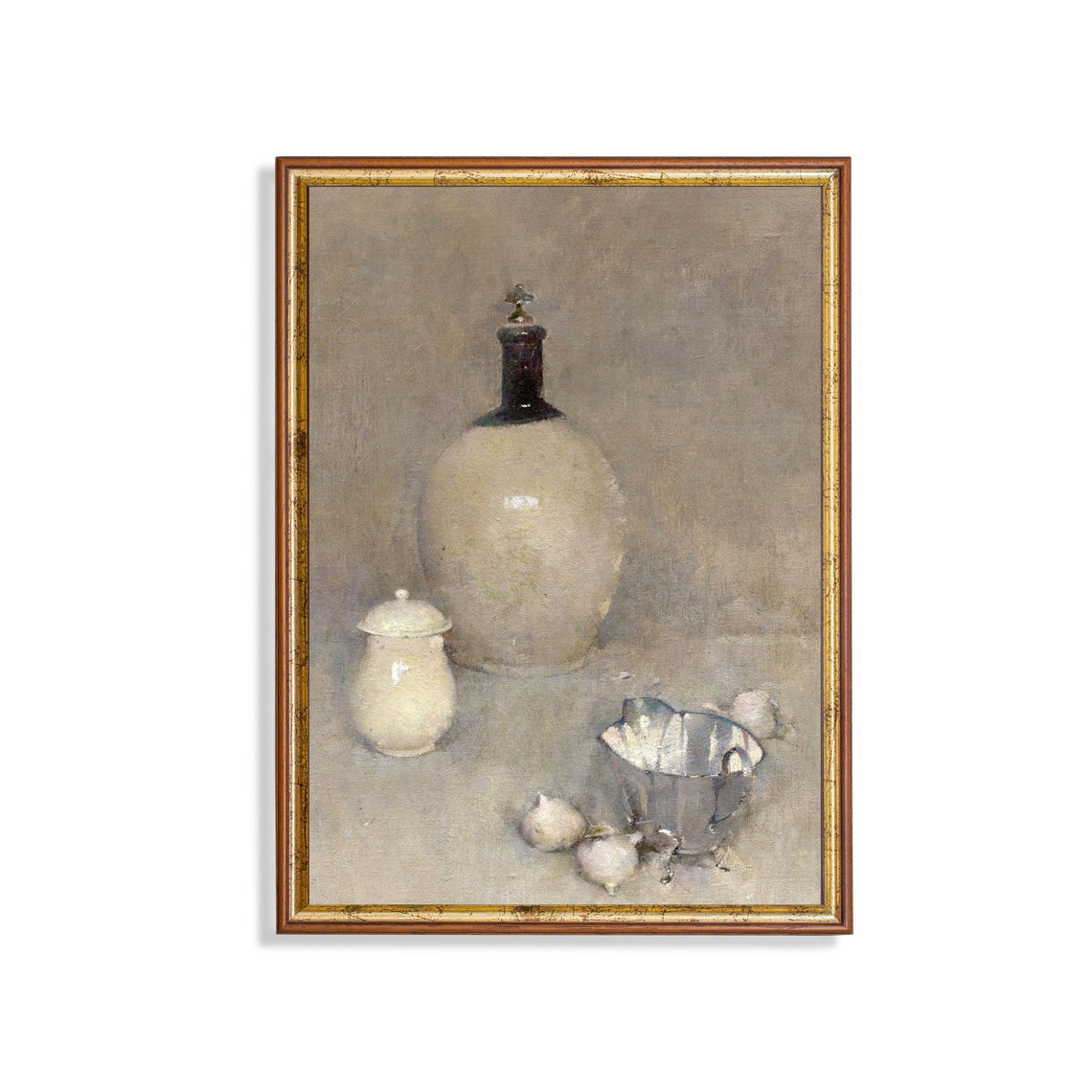 Cream Jug Silver Pitcher and Onions Muted Vintage Still Life Poster
