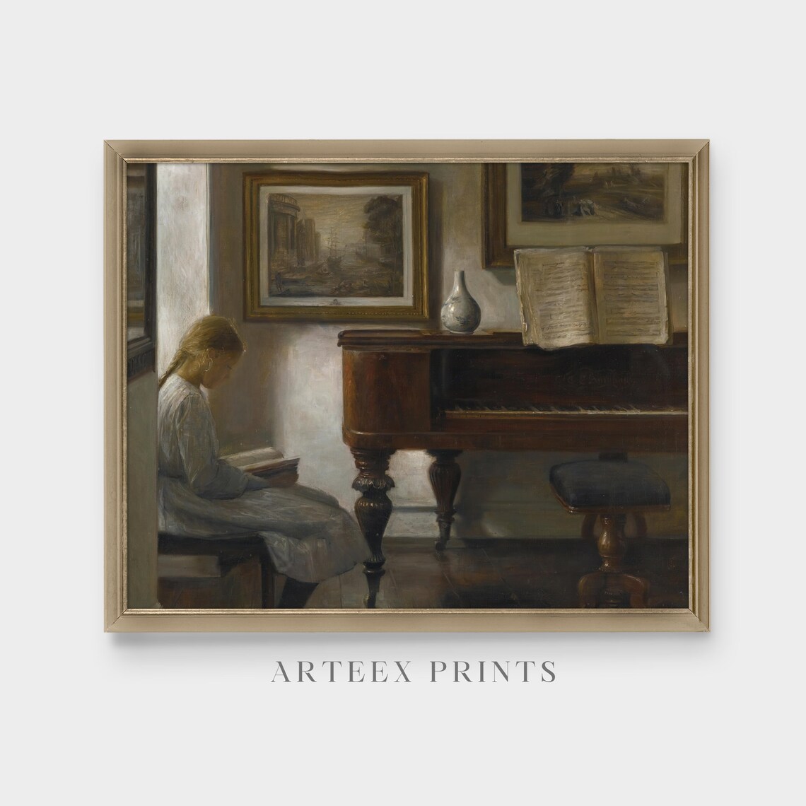 Young Girl Reading Beside Grand Piano Vintage Interior Scene Poster - Image 5