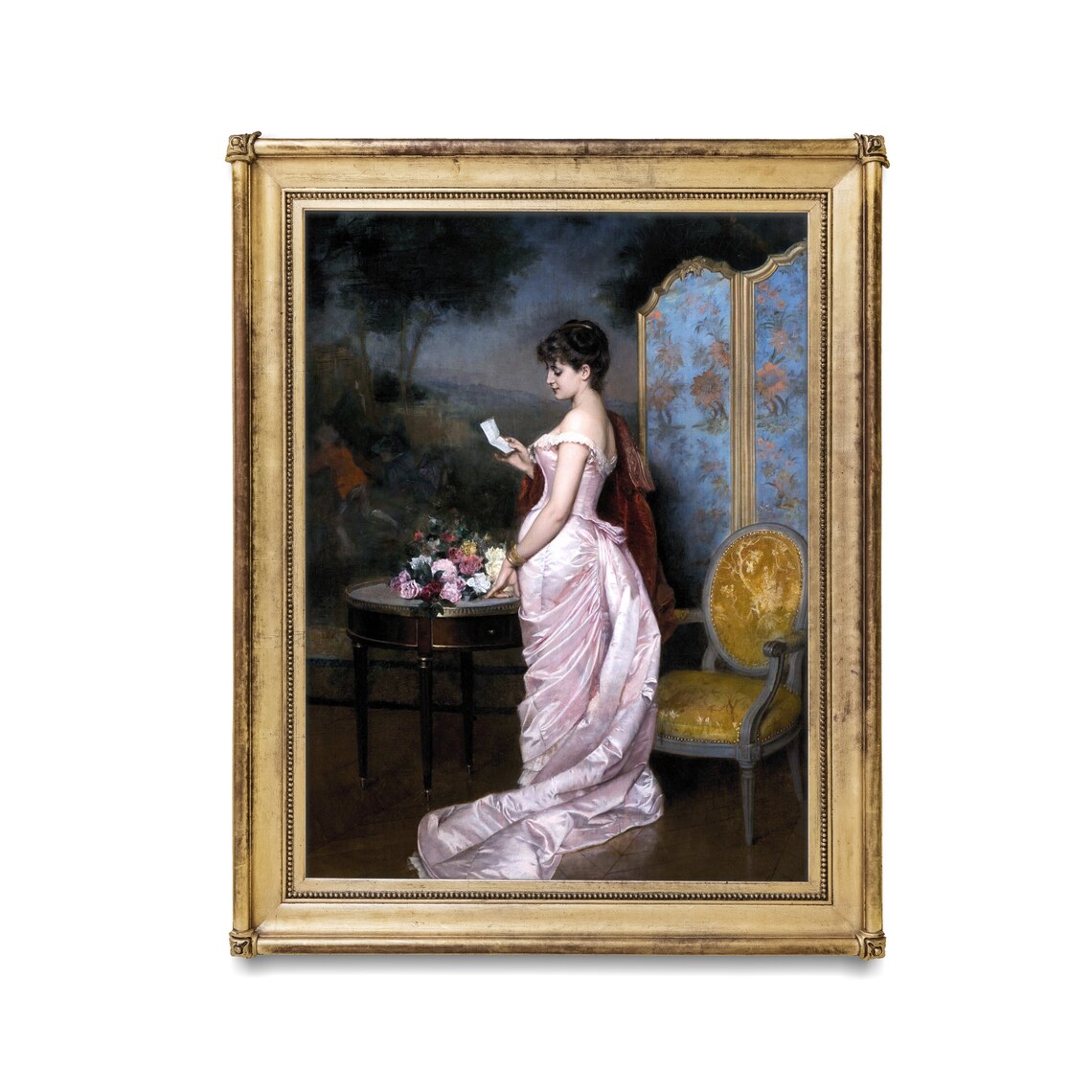 Elegant Woman in Pink Gown Reading Letter Antique Fine Art Portrait Poster - Image 3