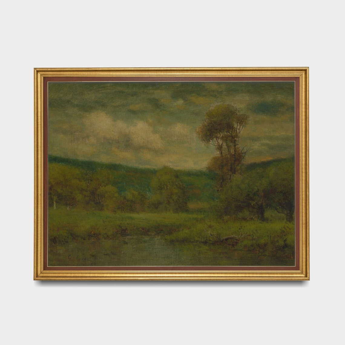 Green Valley With Stream Under a Moody Evening Sky Painting Poster - Image 3