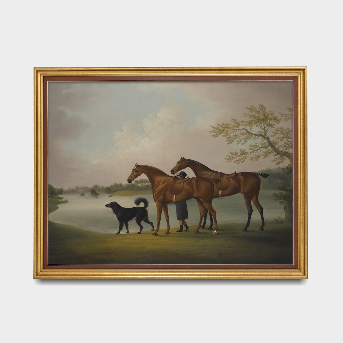 Two Bay Horses With a Black Dog by the Lake Vintage Sporting Poster - Image 3