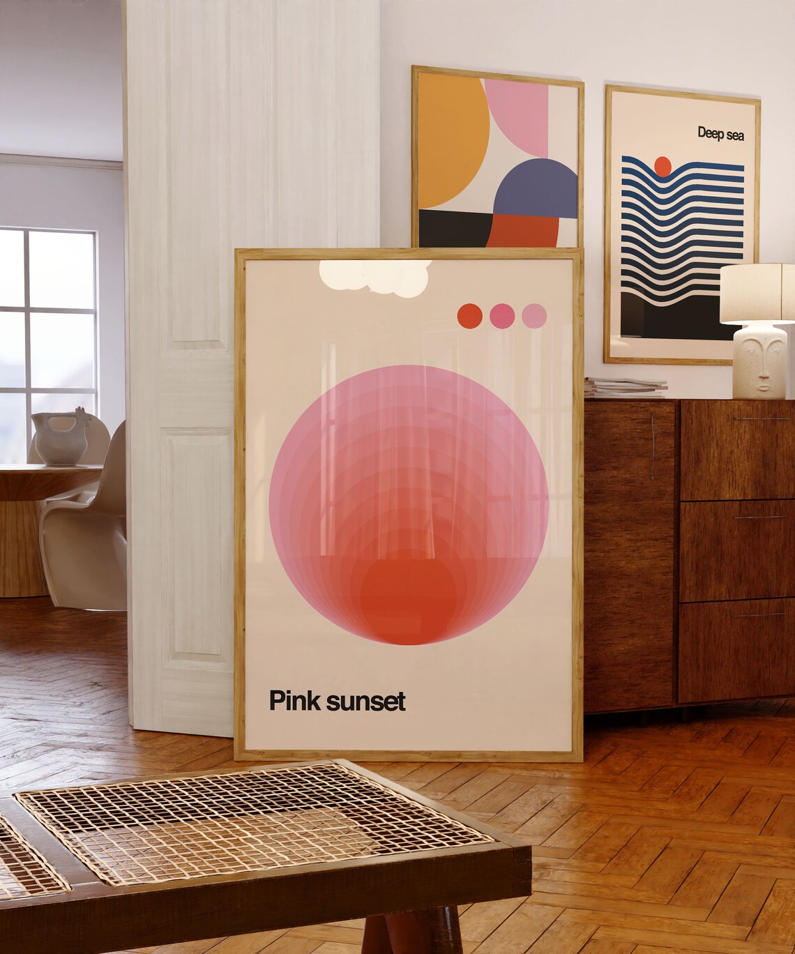 Retro Pink Sunset Print, Minimalist Bauhaus Poster