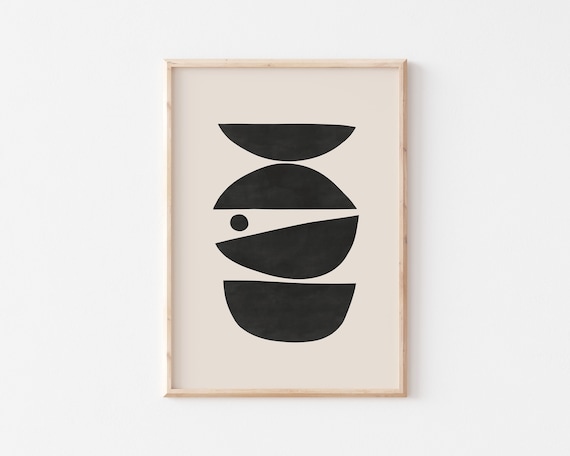 Mid Century Modern Boho Print Abstract Black And Beige Geometric Wall Art