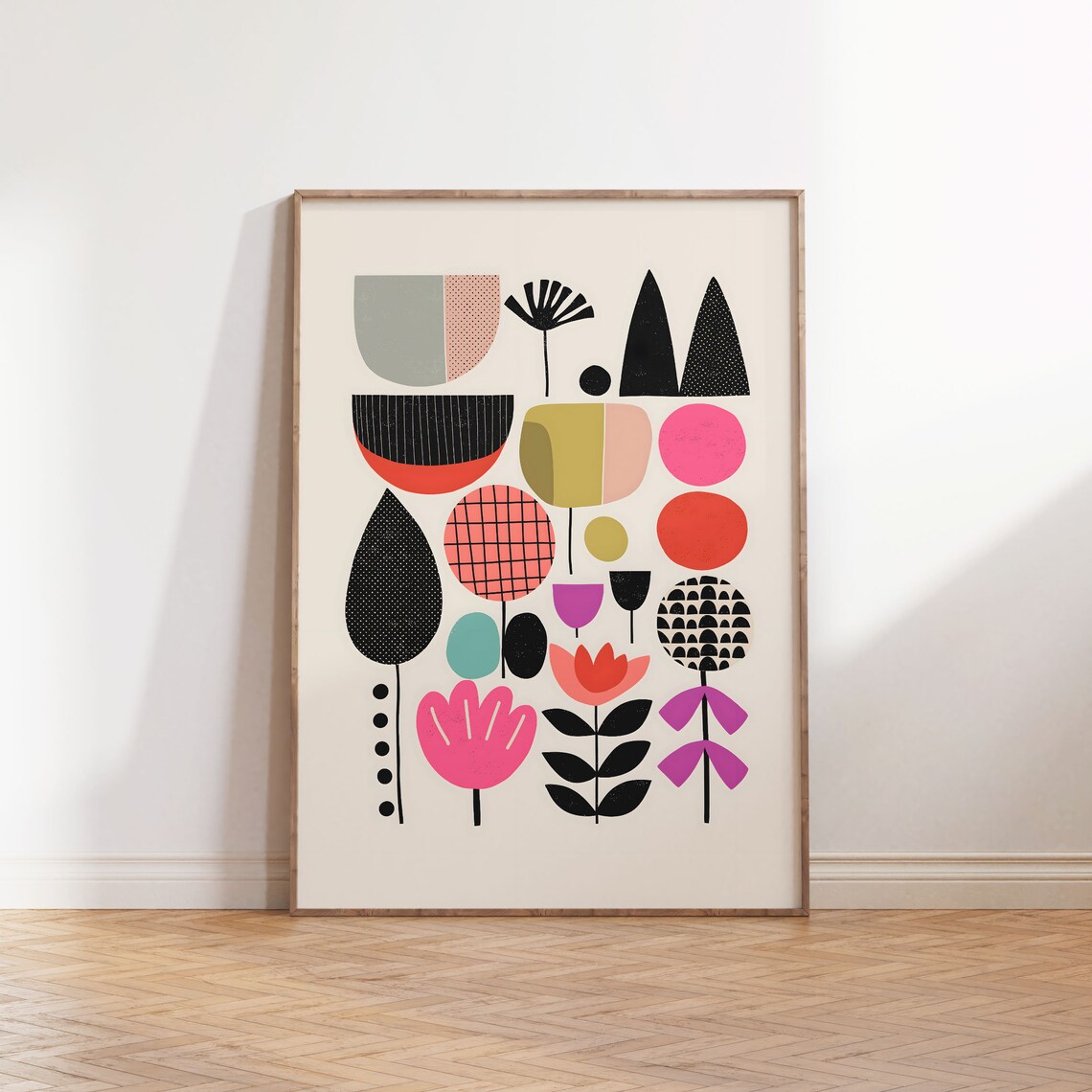 Geometric Floral Abstract Black Pink Green Orange Modern Art Poster - Image 2