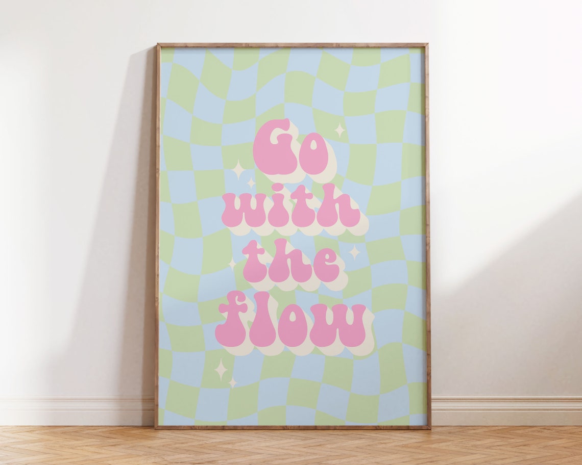 Go With the Flow Retro Groovy Checkered Pastel Quote Wall Art