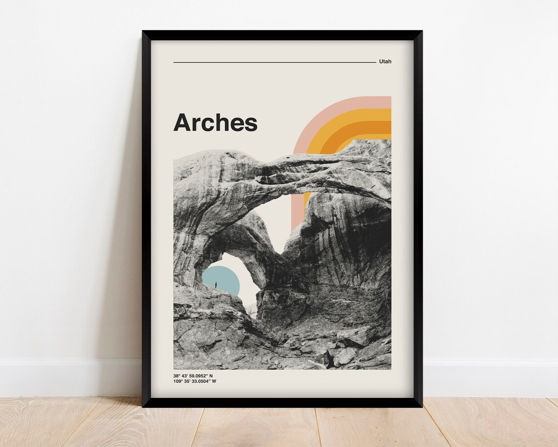Arches National Park Retro Travel Poster, Utah Mountains