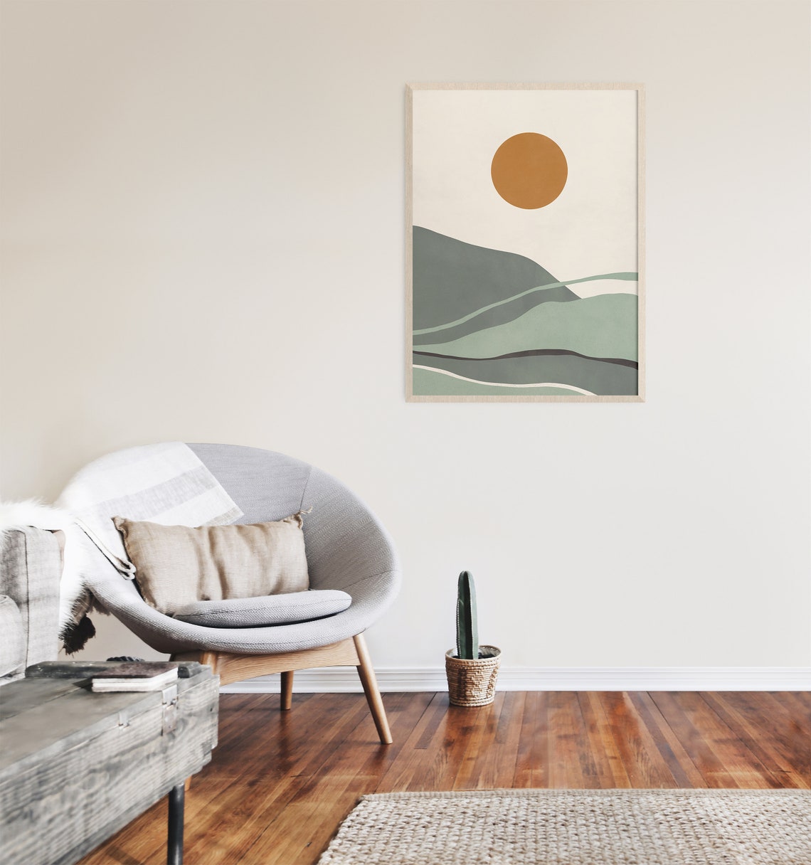 Boho Sunset Poster Minimalist Sage Green Rolling Hills Mustard Sun Art - Image 3