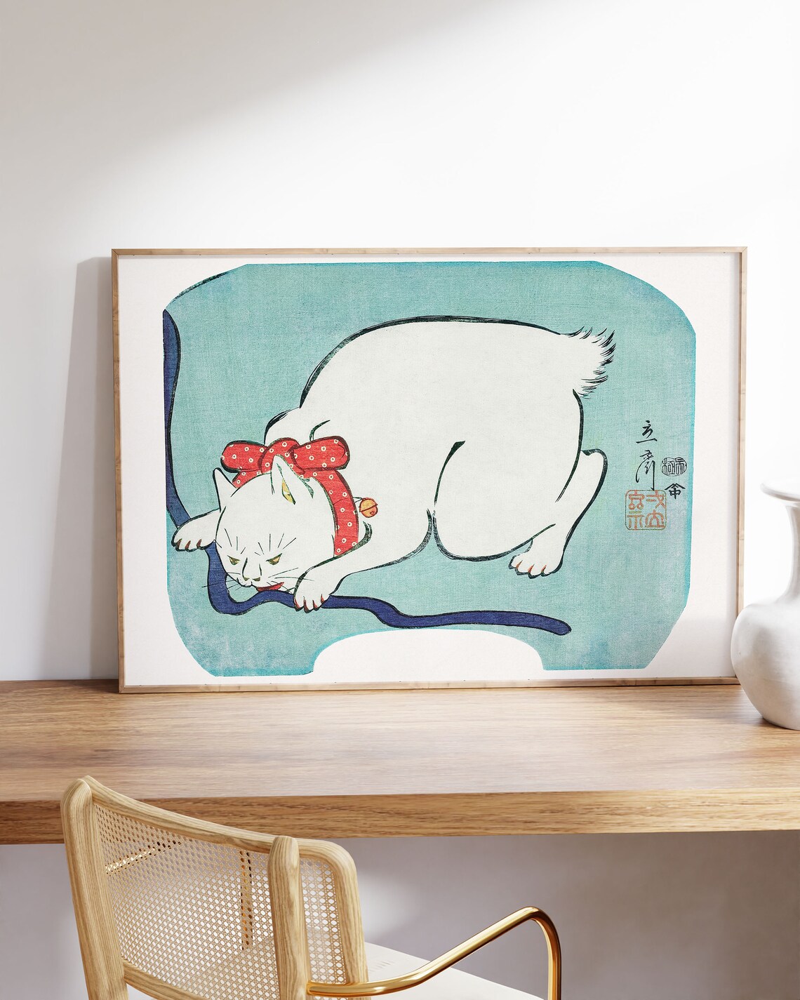 Famous Vintage Japanese White Cat Red Bow Woodblock Art Poster - Image 2