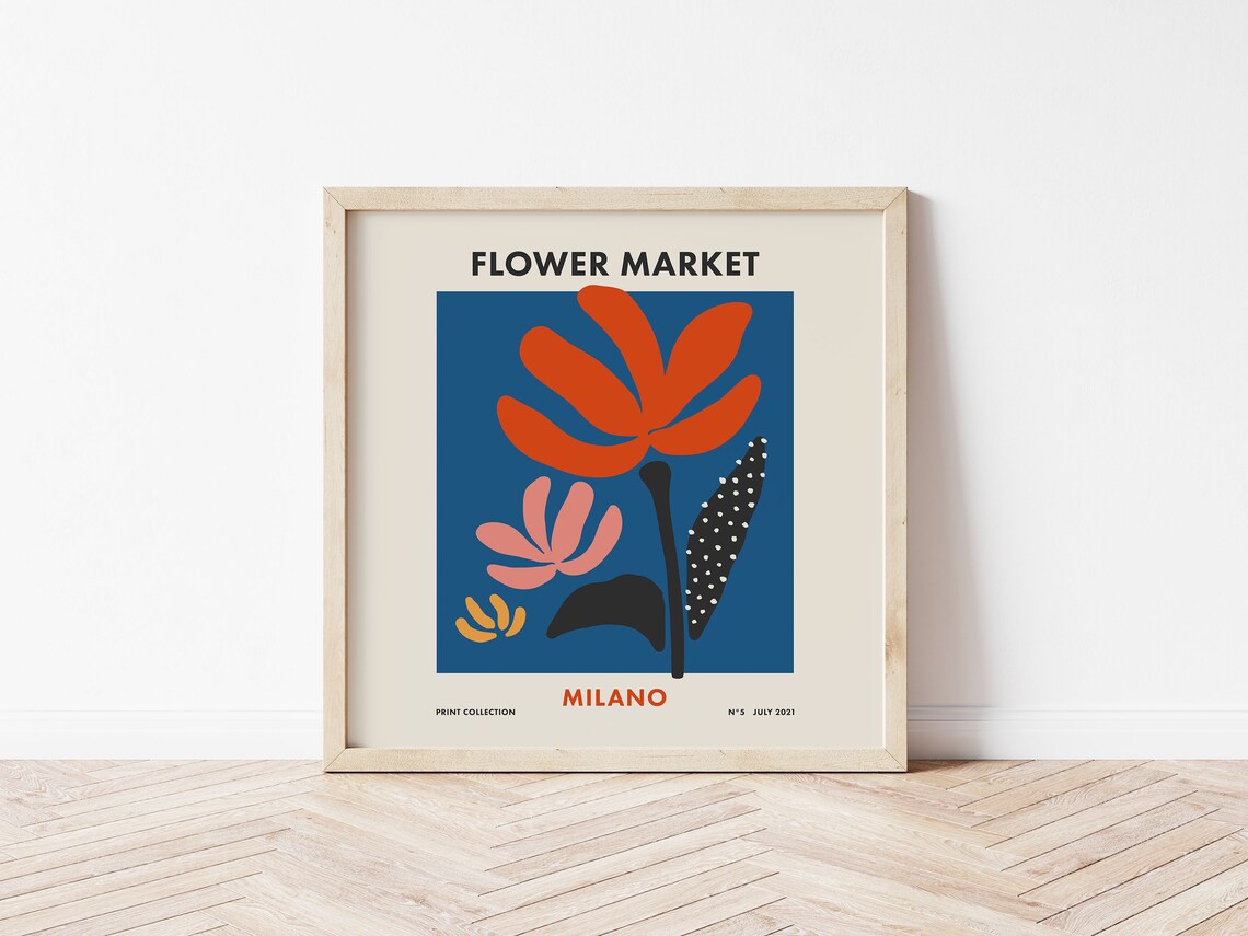 Flower Market Milano Bold Red Floral Retro Square Art Poster - Image 3