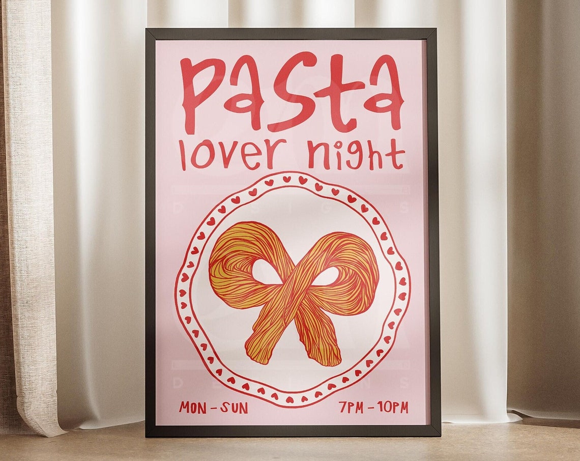 Pasta Lover Night Spaghetti Bow Retro Pink Kitchen Art Poster