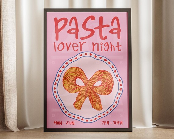 Pasta Lover Night Spaghetti Bow Plate Retro Pink Kitchen Poster