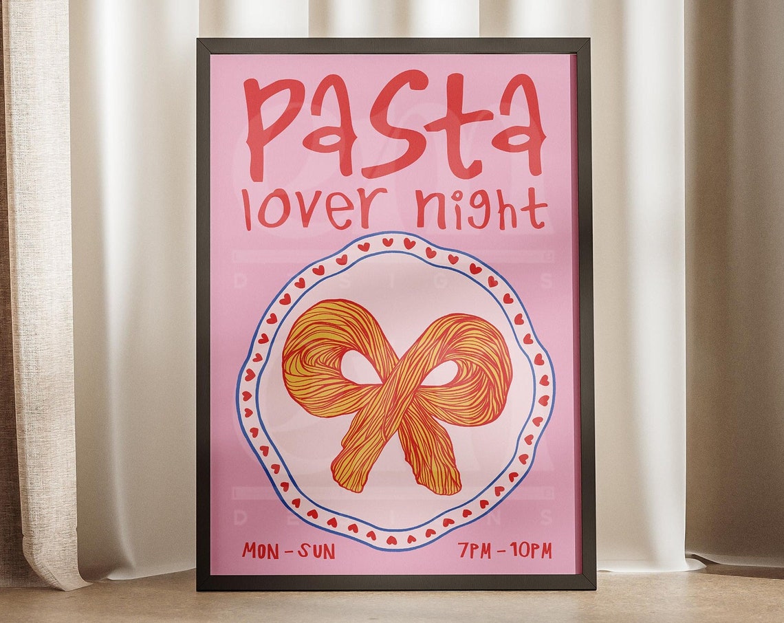 Pasta Lover Night Spaghetti Bow Plate Retro Pink Kitchen Poster