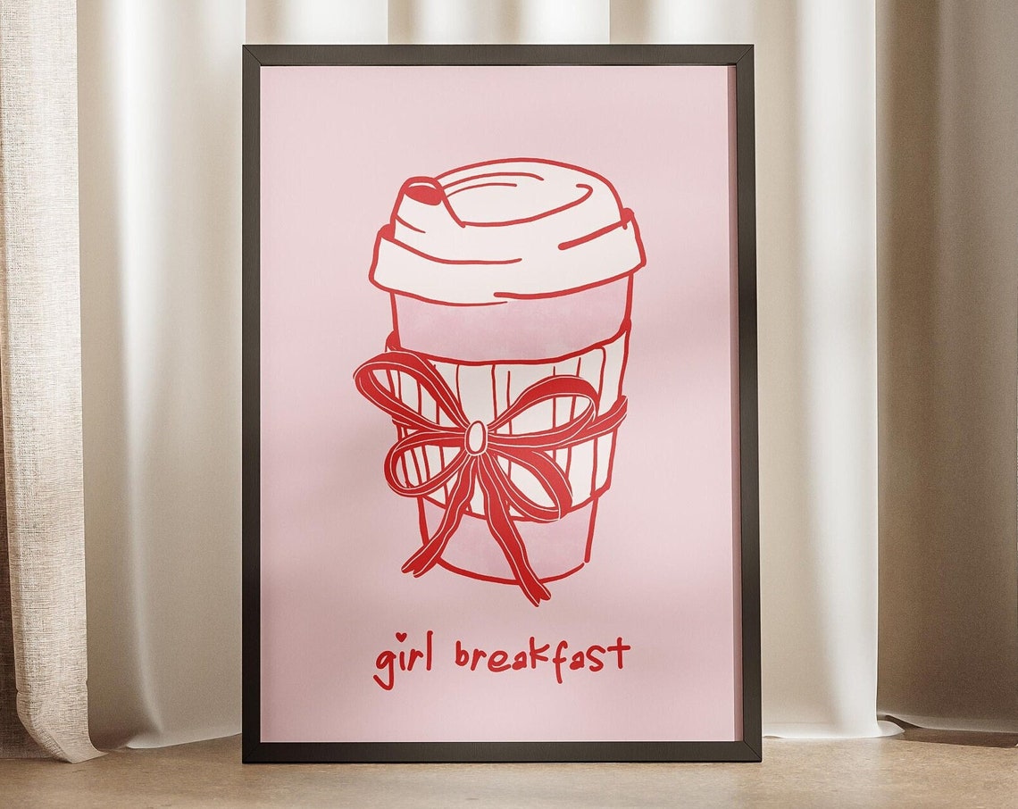 Girl Breakfast To-Go Coffee Cup Bow Poster Pink Red Line Cafe Art