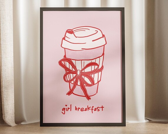 Girl Breakfast To-Go Coffee Cup Bow Poster Pink Red Line Cafe Art