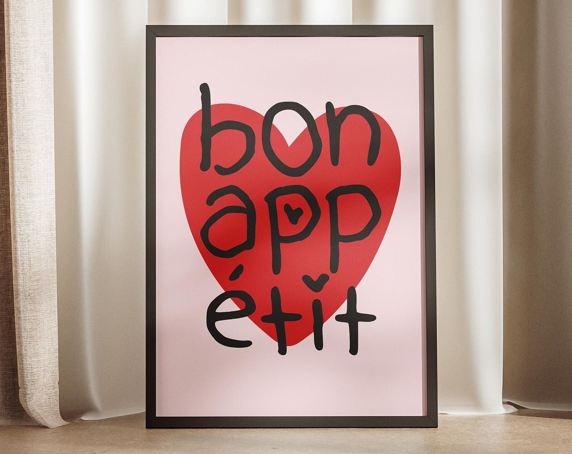 Bon Appetit Red Heart French Kitchen Quote Pink Decor Poster