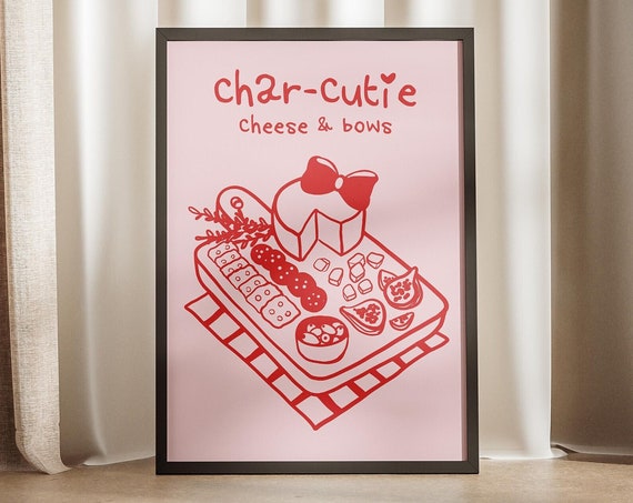 Charcutie Cheese Bows Board Red Pink Carcuterie Wall Print Hand Drawn Croquette Sketch Girl Dinner Poster Trendy Preppy Retro Art Dorm